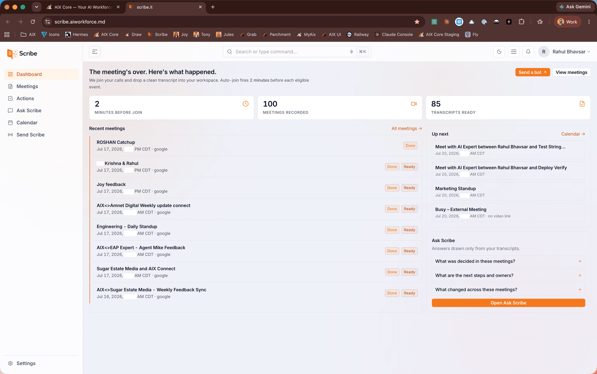 Scribe dashboard showing meeting transcripts and auto-join status