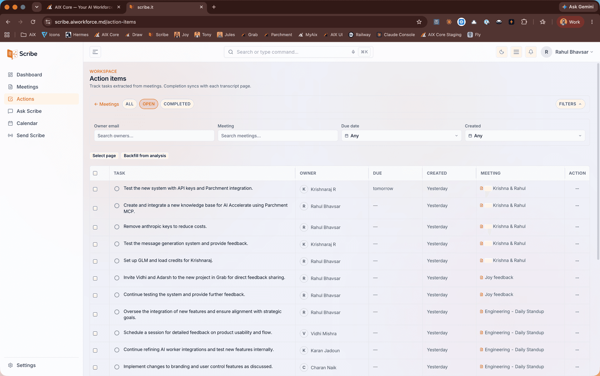 Scribe action items list with named owners and due dates