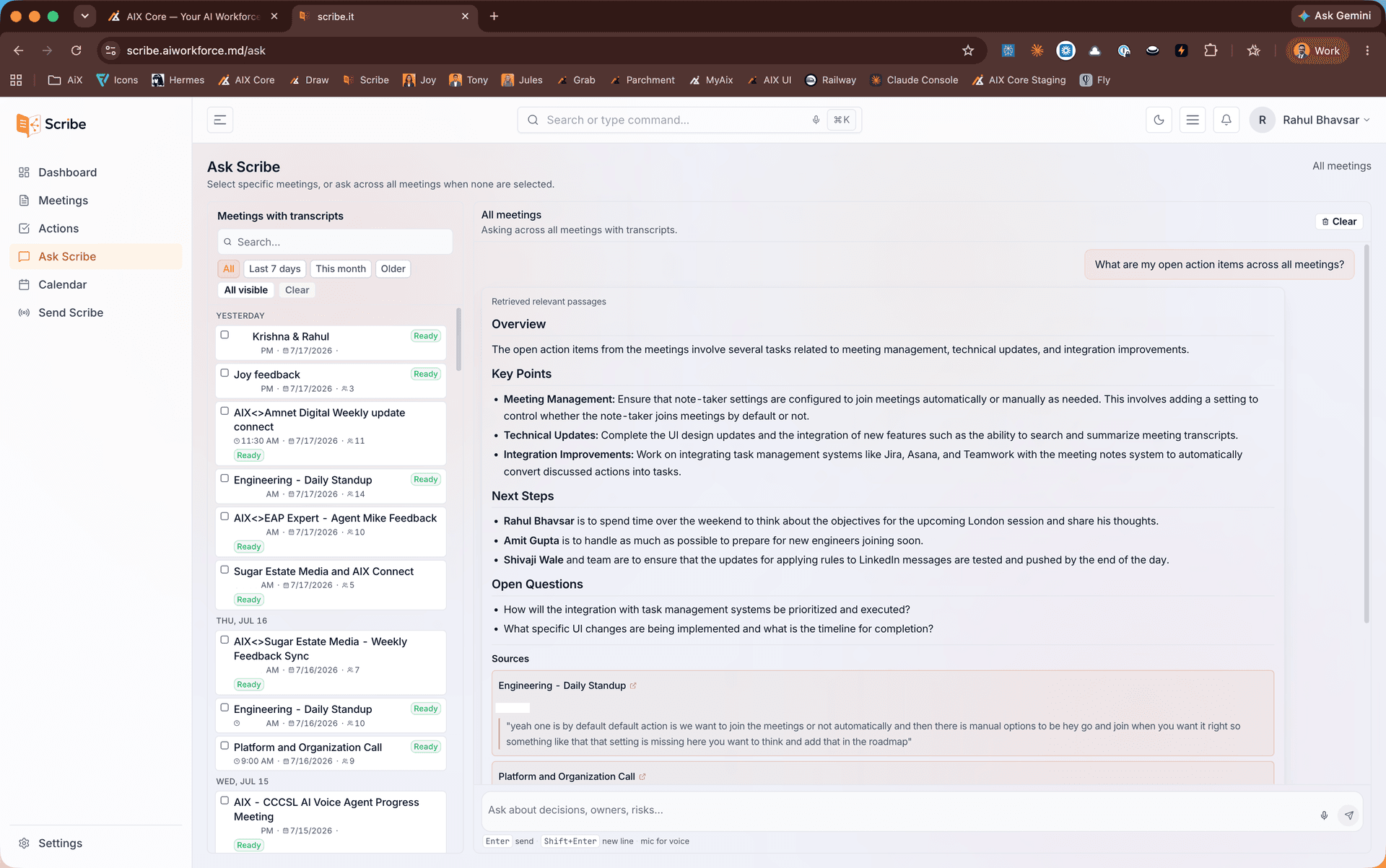 Ask Scribe Q&A chat answering questions with cited sources across meetings