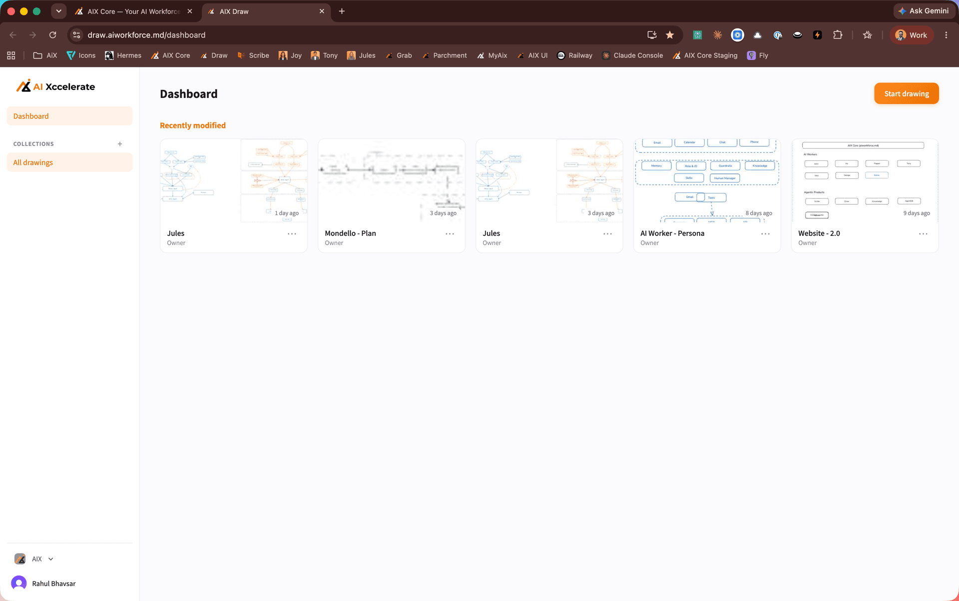 Canvas dashboard showing recently modified drawings with thumbnails