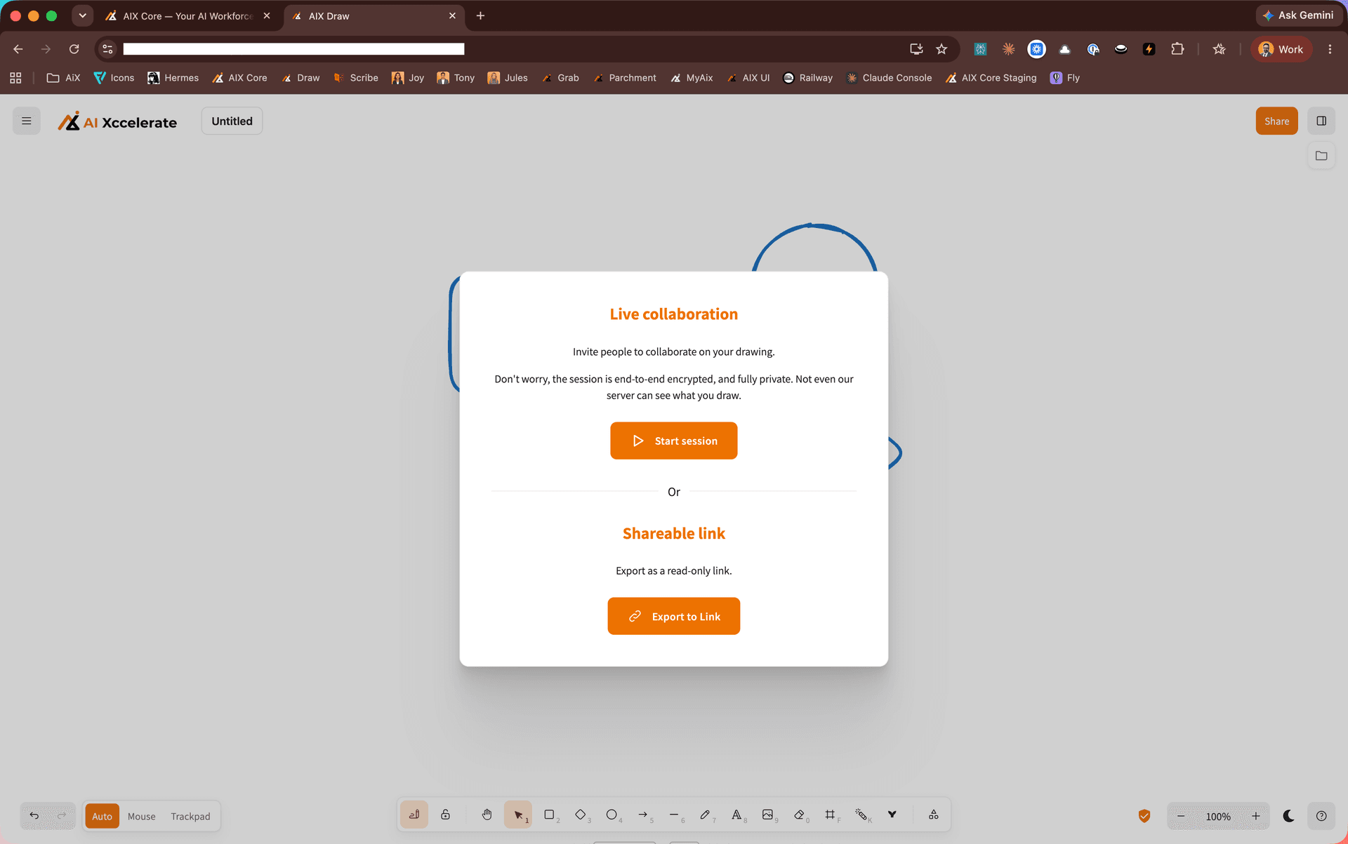 Canvas live collaboration dialog with encrypted sessions and shareable links